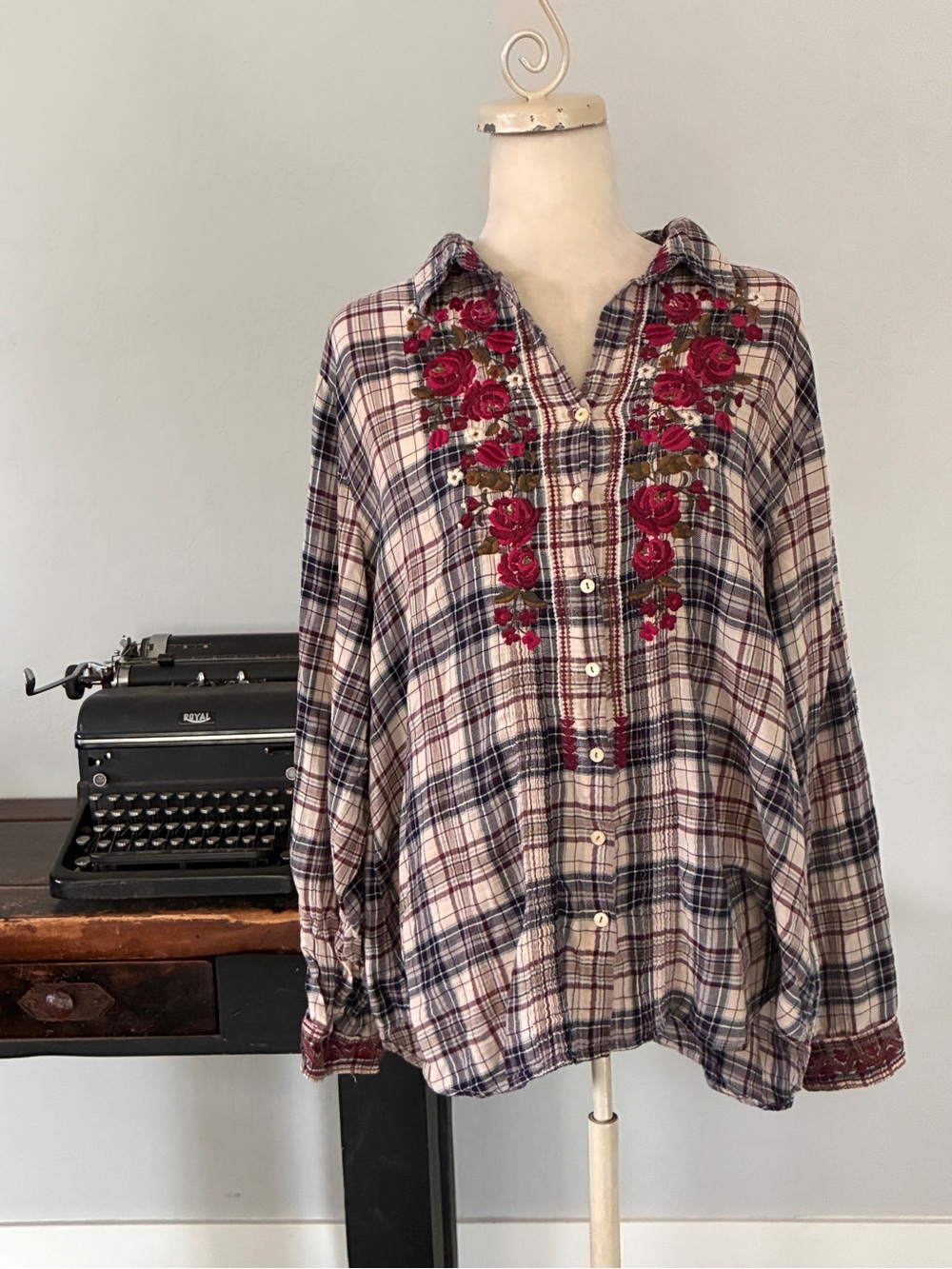 Johnny Was 3J Workshop Floral Embroidered Plaid Shirt - Size XL